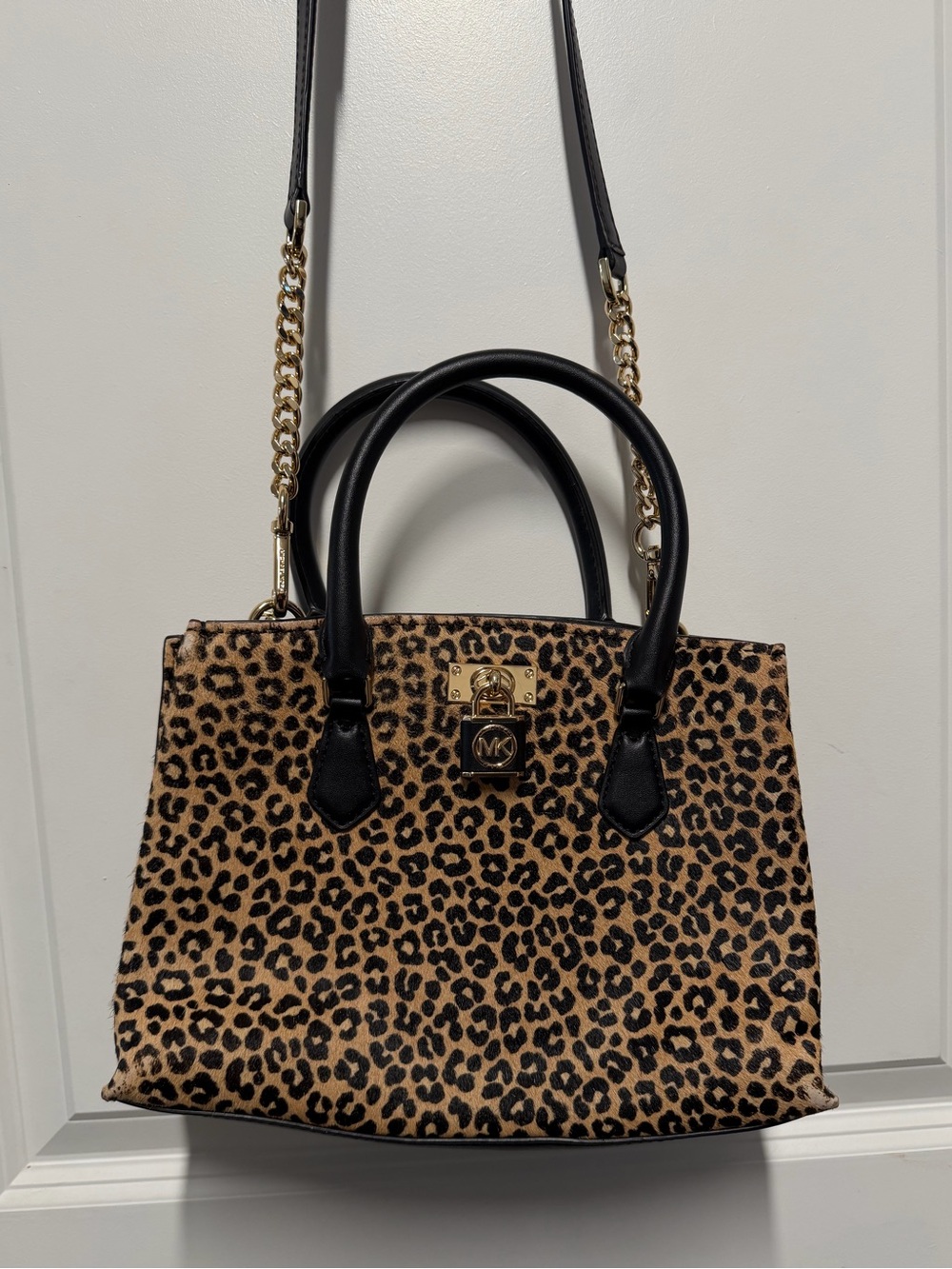 Michael Kors Hamilton Leopard Calf Hair Satchel Crossbody Bag Gold Hardware